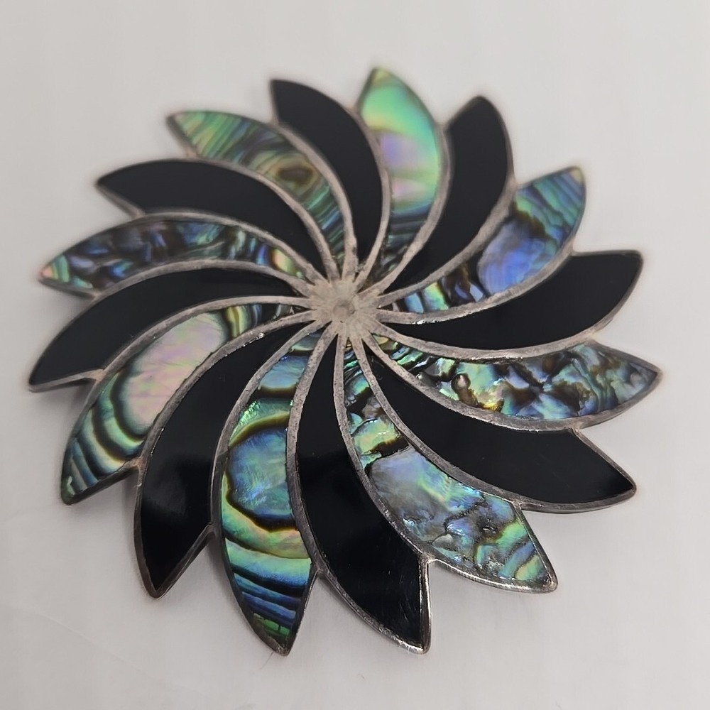 OCAMPO MEX TAXCO STERLING BROOCH W/INLAID ENAMEL & ABALONE SHELL 925 2-1/4"